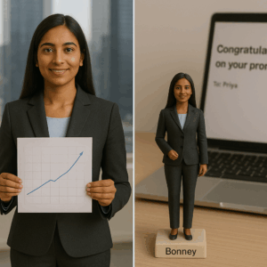 Woman in suit with growth chart and custom 3D figurine labeled Bonney — a unique corporate gifting idea in NYC office.
