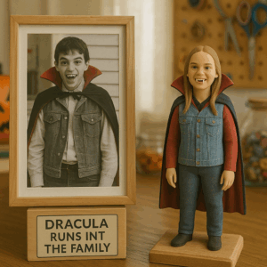 Vintage photo of her dad in a Dracula costume beside a figurine of her in the same outfit