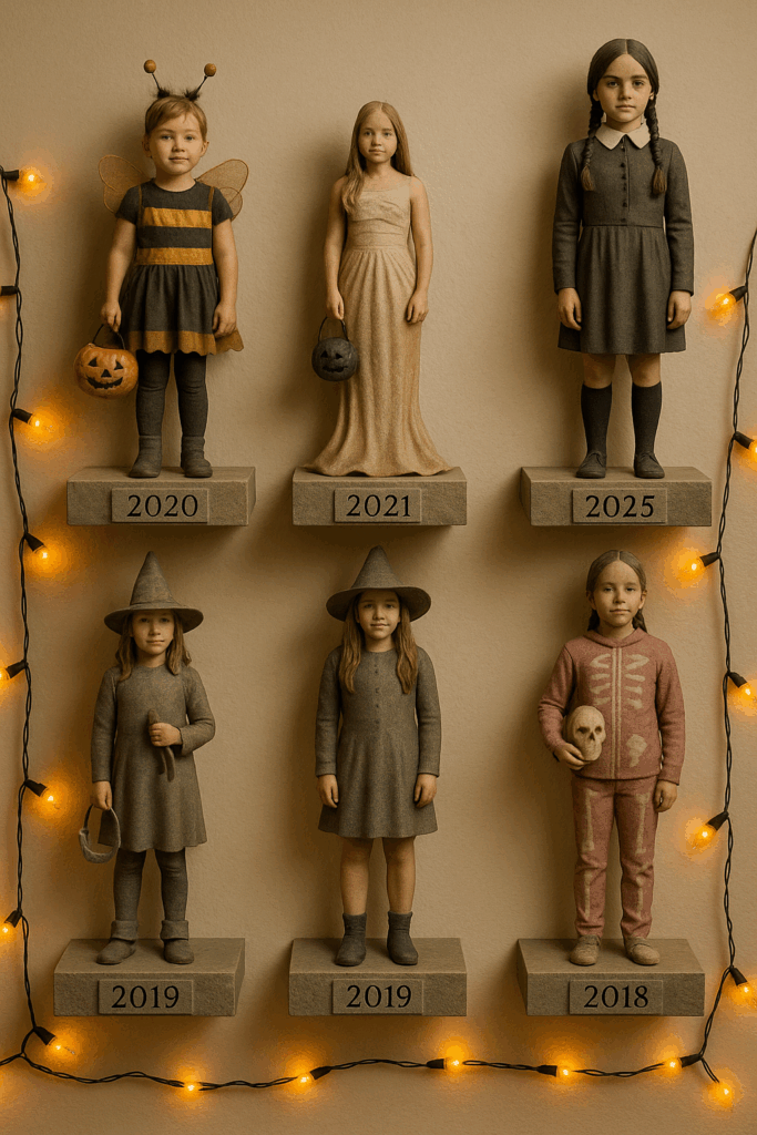 Custom Halloween figurine wall display showing girl's costumes