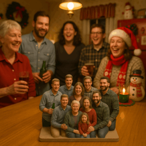 A joyful family gathered around a table, smiling at their custom 3D figurine—perfect for heartfelt Christmas gift ideas.