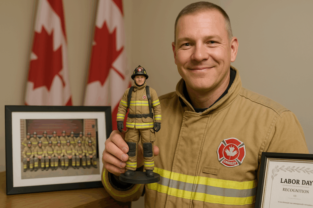 Employee recognition gift—a 3D figurine of a Canadian firefighter
