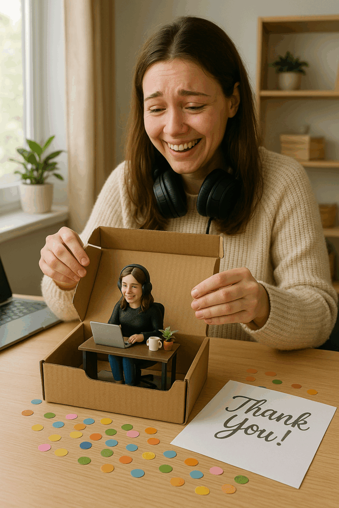 Labor Day appreciation gift flatlay featuring a custom figurine and personal note