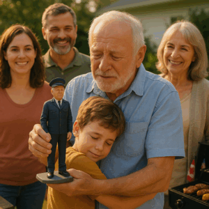 Family honoring a retiree with a custom figurine for Labor Day celebration