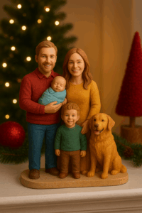 Custom 3D family figurine of parents, two kids, and a dog displayed on a Christmas mantel.