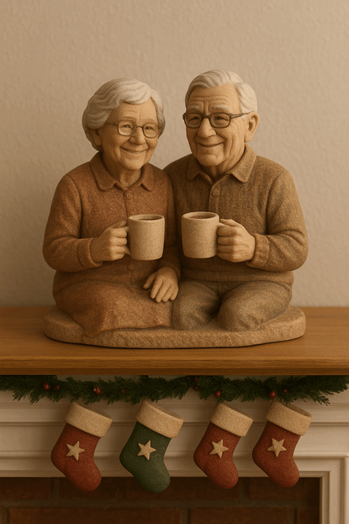  Custom 3D figurine of grandparents holding cocoa by a Christmas fireplace.