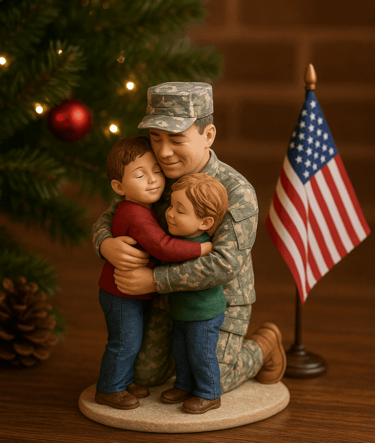 Custom 3D figurine of a soldier hugging kids under a Christmas tree.