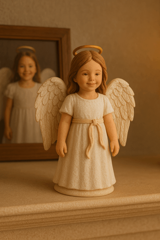 A full-color sandstone figurine of a little girl in a white angel dress, feathered wings, and golden halo, displayed on a shelf