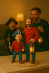 3D figurine of family carving pumpkins, displayed on Halloween table.
