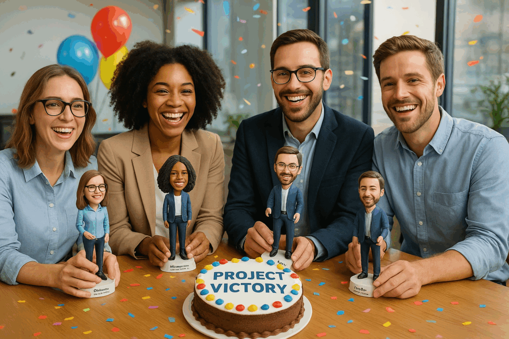 Team celebrating milestone with bobblehead figurines.