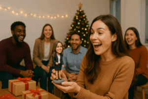 Employee laughing with custom bobblehead at office Secret Santa.