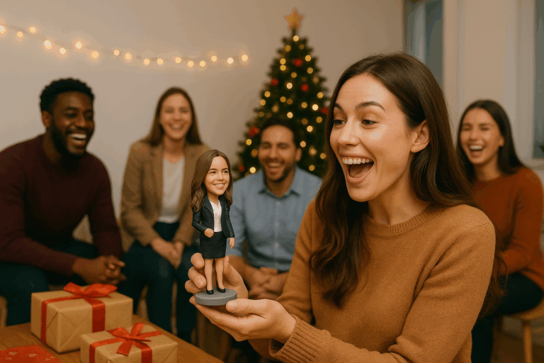 Employee laughing with custom bobblehead at office Secret Santa.