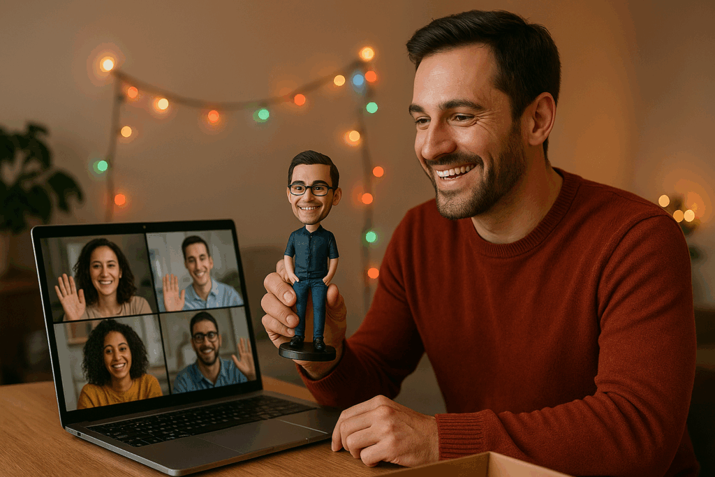 Remote employee showing custom bobblehead to coworkers on video call.