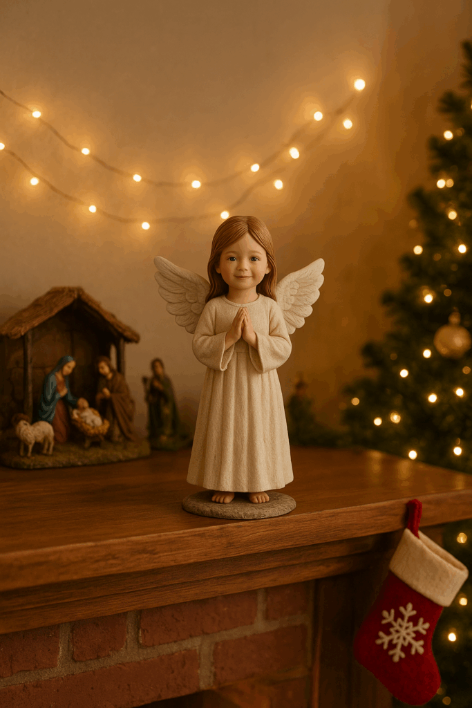 3D figurine of a child in angel wings displayed in a Christmas living room