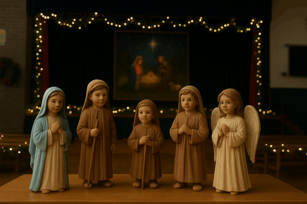 Custom 3D figurine of a choir member displayed in a Christmas church setting