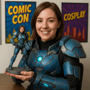 Cosplayer holding custom 3D figurine of her Comic-Con