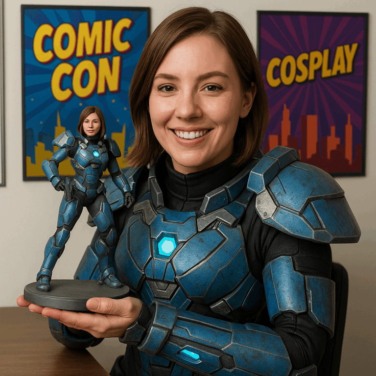 Cosplayer holding custom 3D figurine of her Comic-Con