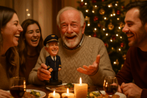 Elderly couple unwraps a custom bobblehead ornament