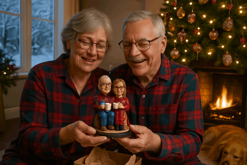 Elderly father smiling and emotional while holding a custom bobblehead