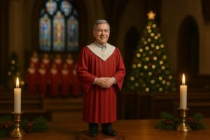 Custom 3D figurine of a pastor placed in a Christmas church altar