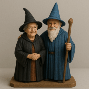 3D figurine set of an elderly couple dressed as a witch and a wizard, standing on a sandstone base with detailed costumes including a pointed hat and wizard’s staff.