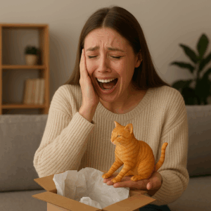 Woman receiving a custom 3D printed cat figurine as a heartfelt gift