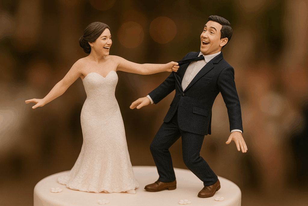 Funny bride dragging groom figurine as wedding cake topper.