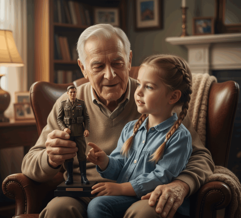 Veteran showing his granddaughter a 3D figurine of his younger self in uniform.