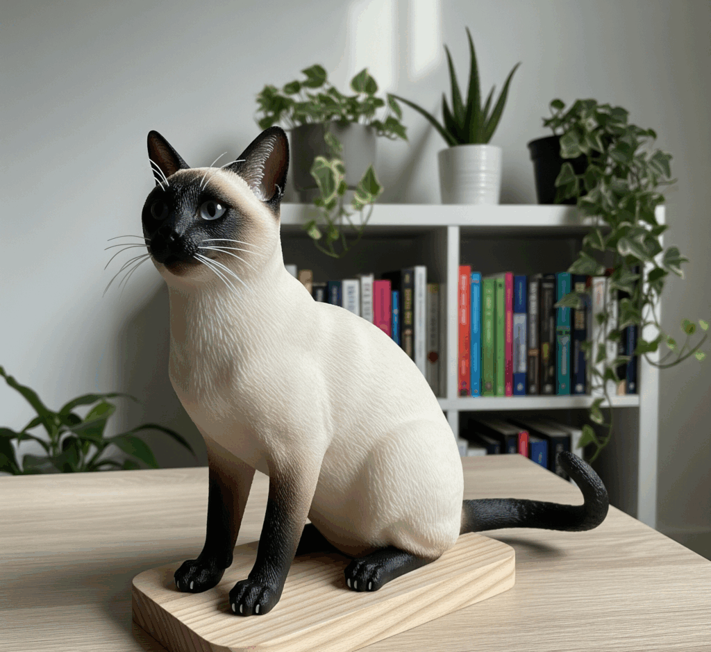 A realistic 3D-printed Siamese cat figurine on a wooden base, set on a shelf with books and plants in a modern living room.