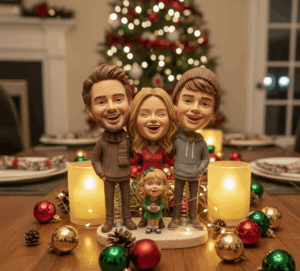 7-inch 3D bobblehead of a family of four as a holiday centerpiece on a Christmas table with lights and ornaments.