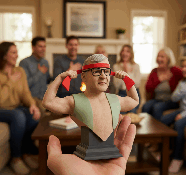 A 3D printed sandstone bust figurine of an older man wearing glasses, a red headband, and a tank top, held in an open palm in the foreground, with a blurred family gathered in a living room in the background.