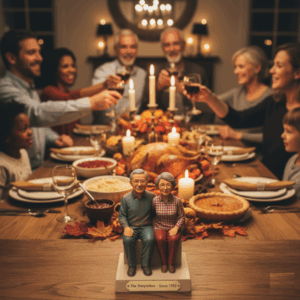 Family at Thanksgiving with a 3D printed miniature figurine of grandparents on the table.