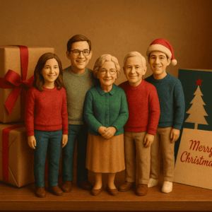 6–8 inch 3D family figurines displayed as personalized gifts for grandparents beside wrapped presents.