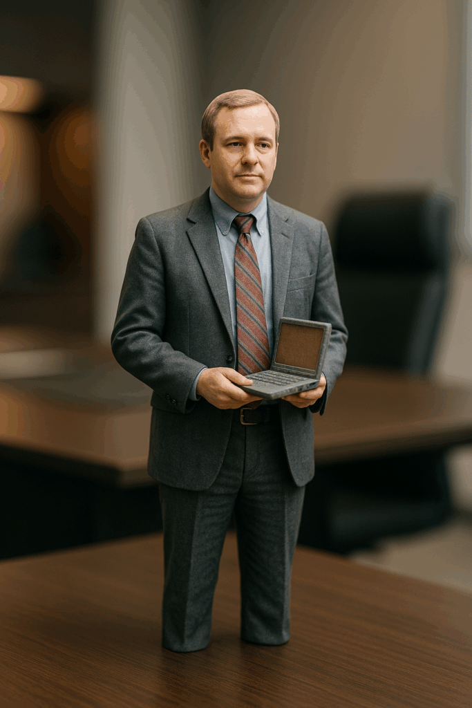 Highly detailed 3D figurine of a man in a classic suit holding a vintage laptop, created as a personalized corporate gift marking his 10-year service anniversary.