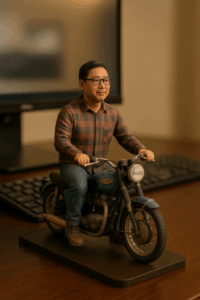 A realistic 3D figurine of a man seated on a miniature vintage Triumph Bonneville motorbike, created as a personalized corporate gift recognizing an employee’s passion.