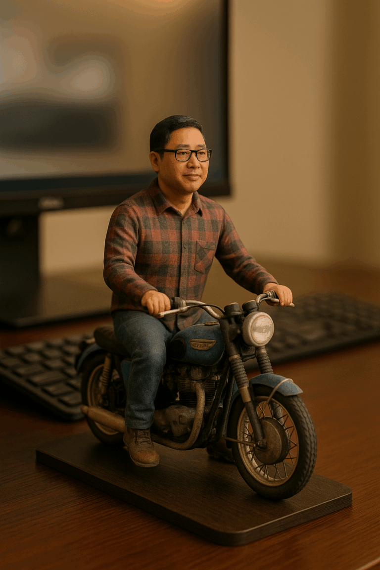 A realistic 3D figurine of a man seated on a miniature vintage Triumph Bonneville motorbike, created as a personalized corporate gift recognizing an employee’s passion.