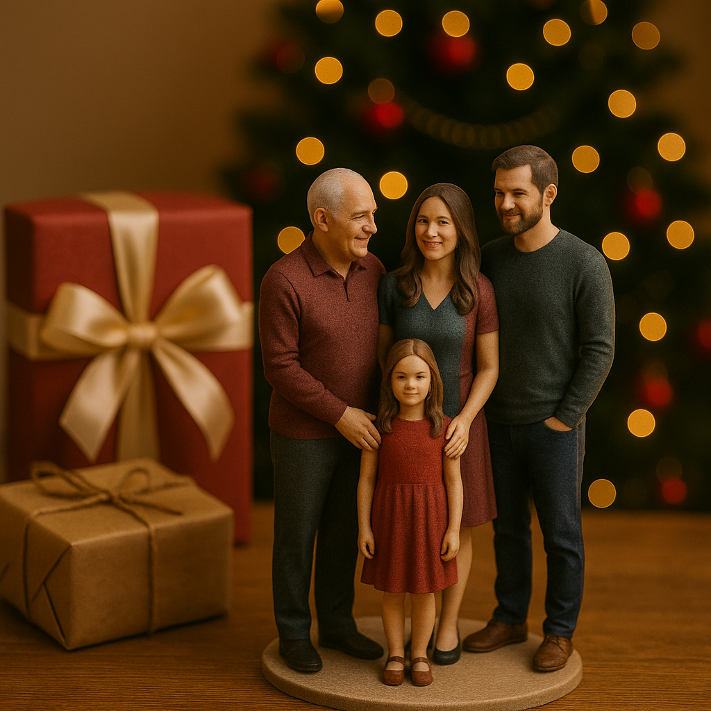 Personalized 3D family figurine featuring grandparents, parents, and a child in front of a decorated Christmas tree, symbolizing togetherness and tradition.