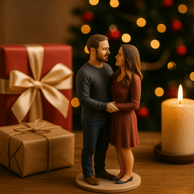 Personalized 3D figurine of a couple standing near Christmas gifts and a glowing tree, symbolizing love and festive connection.