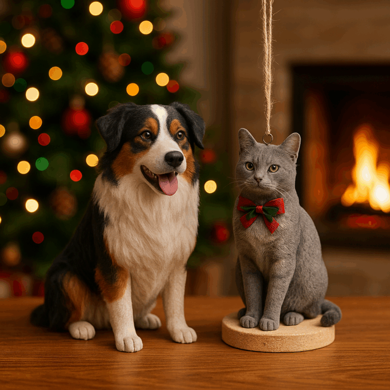 Lifelike dog and cat figurines displayed in front of a Christmas tree and fireplace, ideal for a custom 3D pet figurine Christmas gift.