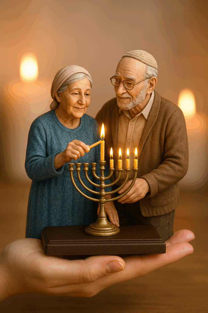 3D figurine of grandparents lighting menorah during Hanukkah.