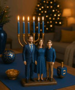 Decorative 3D family figurines near menorah setup at home.