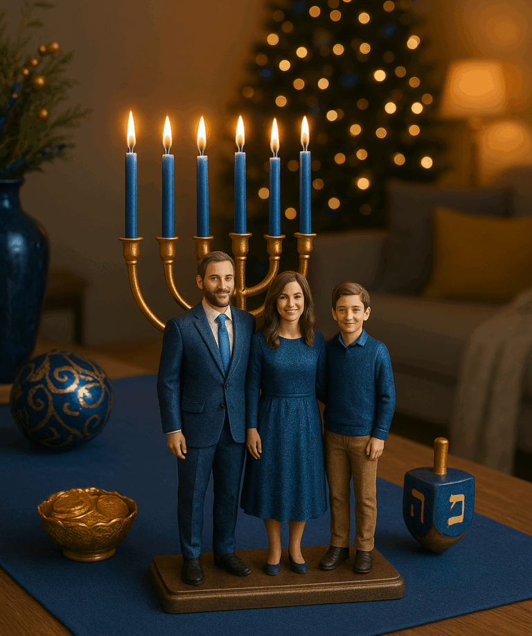 Decorative 3D family figurines near menorah setup at home.