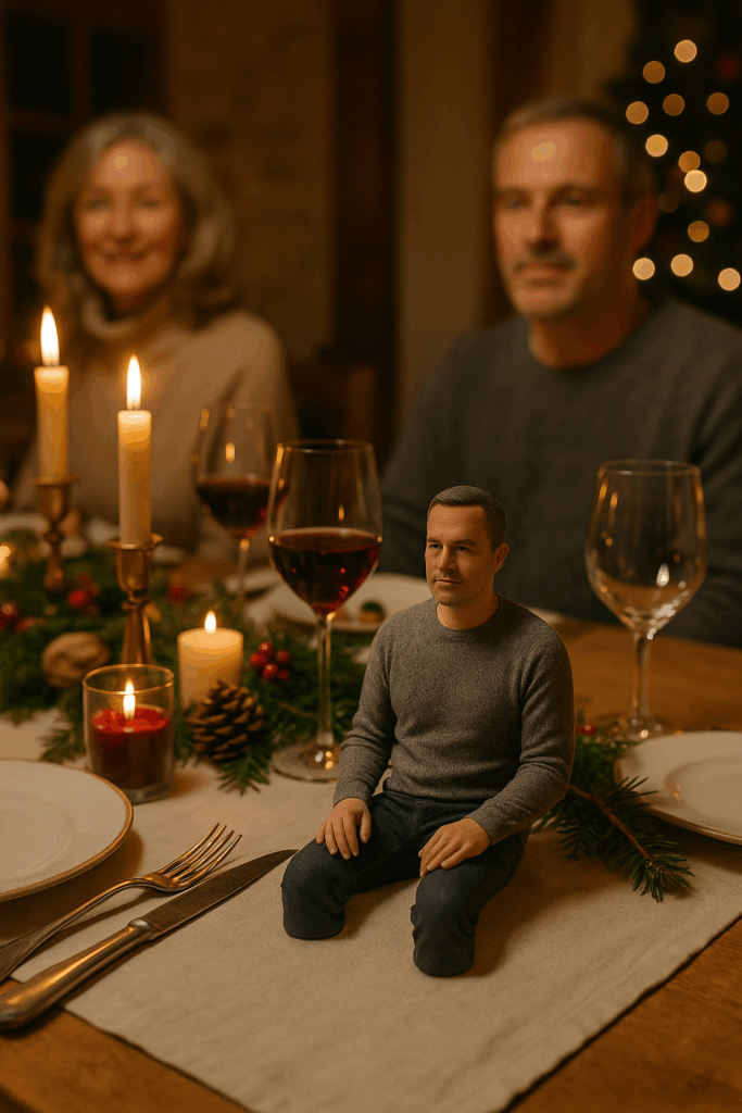 Candlelit Christmas table in a European home featuring personalized 3D figurines as place markers, each resembling a real guest in full-colour sandstone.