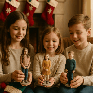 Children discovering full-colour sandstone Mini-Me figurines in their Christmas stockings in a cozy European living room.