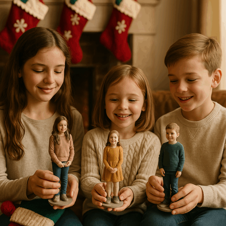 Children discovering full-colour sandstone Mini-Me figurines in their Christmas stockings in a cozy European living room.