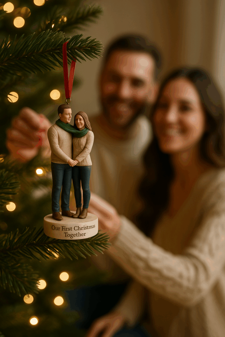 Couple hanging a personalized 3D figurine ornament of themselves on a Christmas tree.