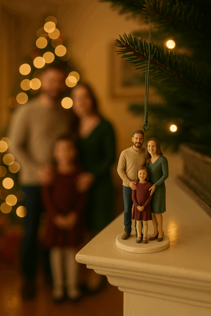 Family posing by a Christmas tree with their 3D figurine ornament on the mantel.