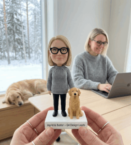 Hands holding a detailed custom bobblehead of a woman in sweater and glasses next to a golden retriever dog on a white base reading "Ingrid & Buster – Q4 Design Leads," with the real person and dog in a snowy background.
