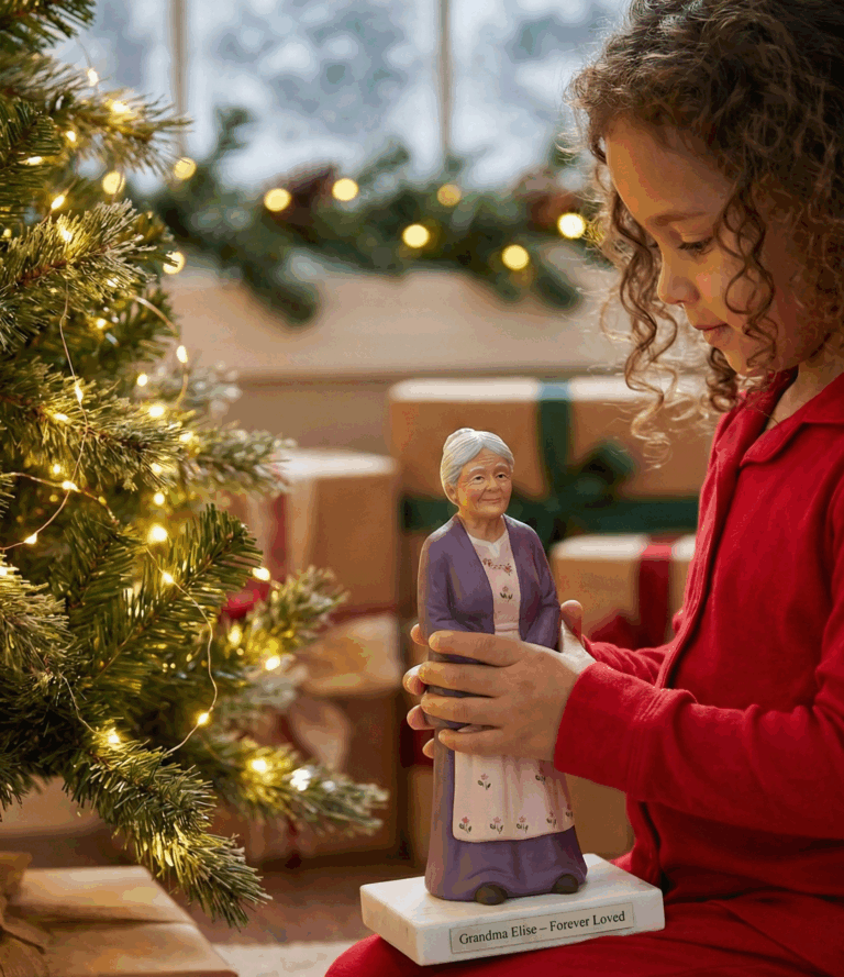Child holding Custom 3D Memorials figurine of grandmother on marble base under Christmas lights.