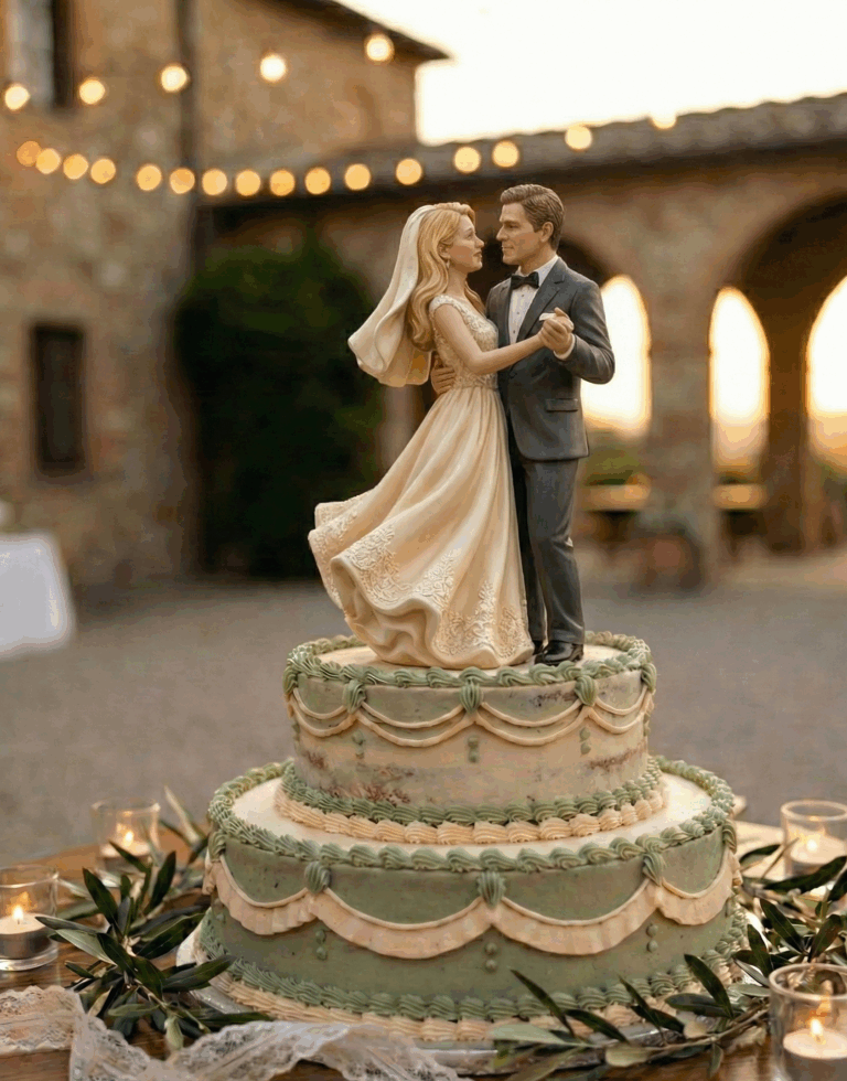 Sandstone 3D printed bride and groom wedding cake topper with Tuscan garden décor.