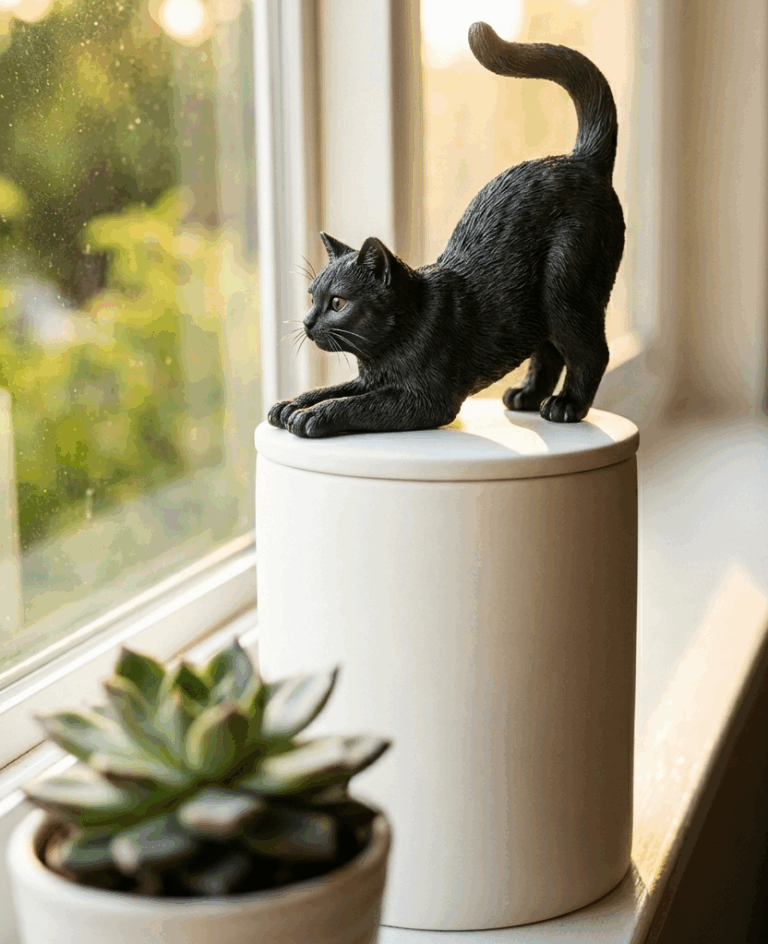 A ceramic cat urn displaying custom 3D Printed Keepsakes of a sleeping black cat made from colored sandstone, sitting on a windowsill